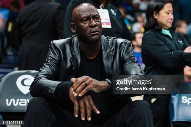 Charlotte Hornets owner Michael Jordan looks on in the fourth quarter during their game against the Orlando Magic at Spectrum Center on March 03,...