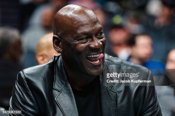Charlotte Hornets owner Michael Jordan looks on in the fourth quarter during their game against the Orlando Magic at Spectrum Center on March 03,...