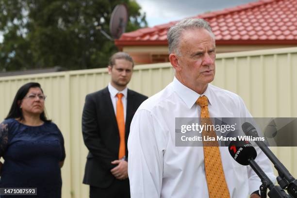 Mark Latham, NSW State representative of the One Nation party speaks with the media during a home visit in the suburb of Mount Annan on March 04,...