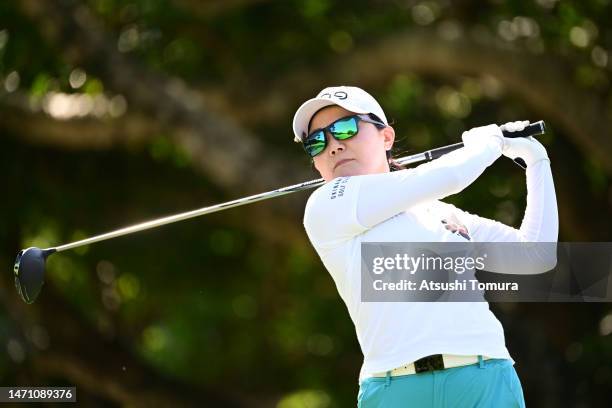 Ayako Uehara of Japan hits her tee shot on the 12th hole during the third round of Daikin Orchid Ladies at Ryukyu Golf Club on March 4, 2023 in...