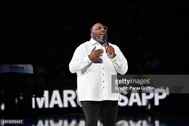 Singer Marvin Sapp performs onstage during halftime at the game between the Portland Trail Blazers and the Atlanta Hawks at State Farm Arena on March...
