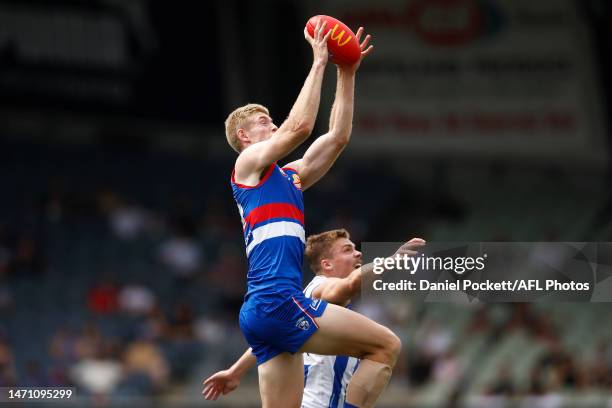 Tim English of the Bulldogs marks the ball against Cameron Zurhaar of the Kangaroos during the AFL Practice Match between the Western Bulldogs and...