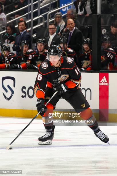 Ryan Strome of the Anaheim Ducks skates with the puck during the first period against the Montreal Canadiens at Honda Center on March 3, 2023 in...