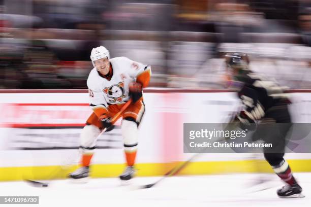 Jakob Silfverberg of the Anaheim Ducks skates with the puck against the Arizona Coyotes during the third period of the NHL game at Mullett Arena on...