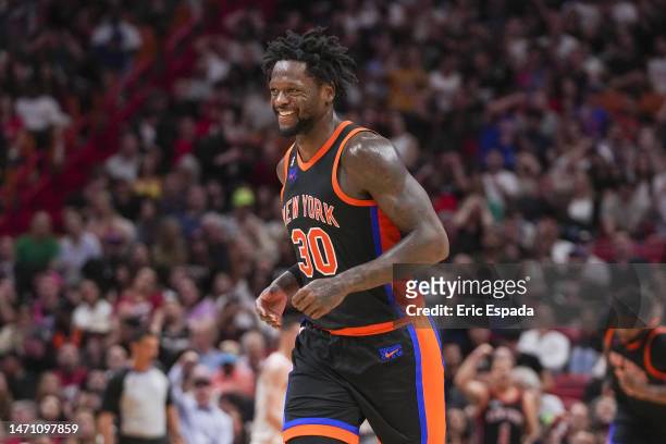 Julius Randle of the New York Knicks smiles after hitting a three point shot during the second half against the Miami Heat at Miami-Dade on March 03,...