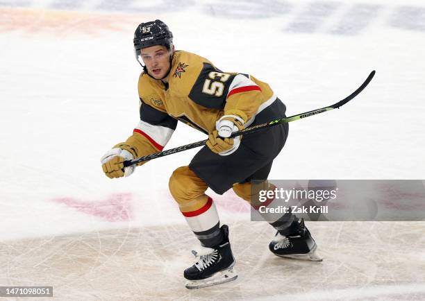 Teddy Blueger of the Vegas Golden Knights skates during the first period against the New Jersey Devils at T-Mobile Arena on March 03, 2023 in Las...