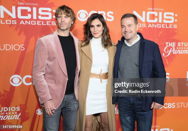 Eric Christian Olsen, Daniela Ruah, Chris O'Donnell attend the CBS' "NCIS: Los Angeles" series wrap party at Paramount Studios on March 03, 2023 in...