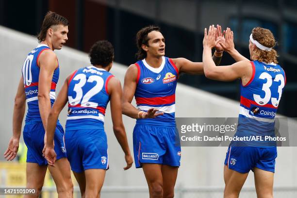 Jamarra Ugle-Hagan of the Bulldogs celebrates kicking a goal during the AFL Practice Match between the Western Bulldogs and the North Melbourne...