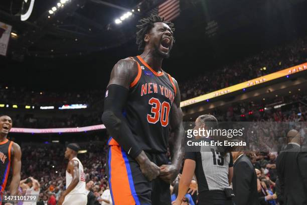 Julius Randle of the New York Knicks celebrates after defeating the Miami Heat at Miami-Dade Arena on March 03, 2023 in Miami, Florida. NOTE TO USER:...