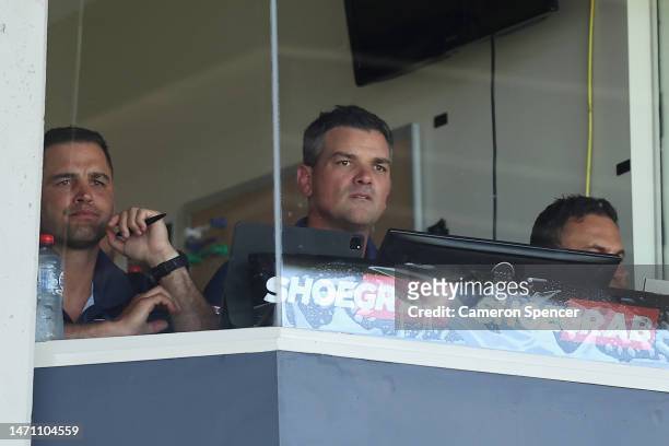 Bulldogs coach Cameron Ciraldo watches from the coaches box during the round one NRL match between the Manly Sea Eagles and the Canterbury Bulldogs...