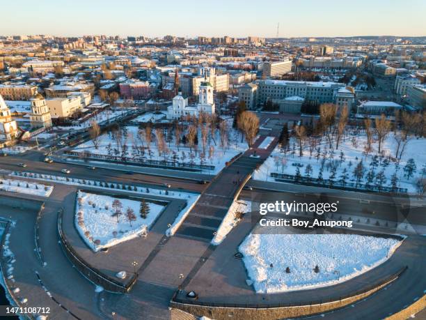 aerial view of irkutsk cityscape with angara river. irkutsk is one of the largest cities in siberia, russia. - irkutsk stockfoto's en -beelden