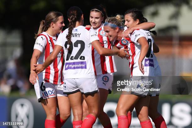 Hannah Wilkinson of Melbourne City celebrates a goal with teammates during the round 16 A-League Women's match between Newcastle Jets and Melbourne...