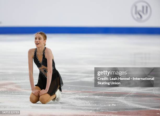 Kimmy Repond of Switzerland reacts after her skate during the Junior Women Free Skating at the ISU World Junior Figure Skating Championships at...