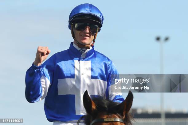 Zac Purton riding Communist wins Race 8 The Agency Randwick Guineas during Sydney Racing at Royal Randwick Racecourse on March 04, 2023 in Sydney,...