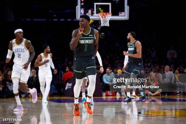 Anthony Edwards of the Minnesota Timberwolves reacts against the Los Angeles Lakers in the second half at Crypto.com Arena on March 03, 2023 in Los...