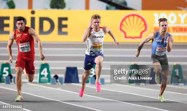 Jorge Urena of Spain, Kevin Mayer of France and Hans-Christian Hausenberg of Estonia compete during the Men's 60m Heptathlon during Day 2 of the...