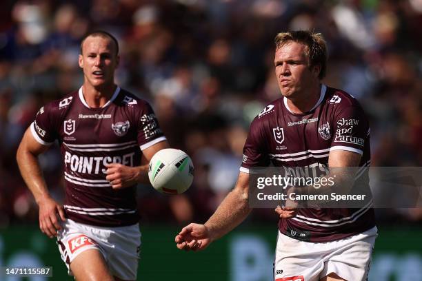 Jake Trbojevic of the Sea Eagles passes during the round one NRL match between the Manly Sea Eagles and the Canterbury Bulldogs at 4 Pines Park on...