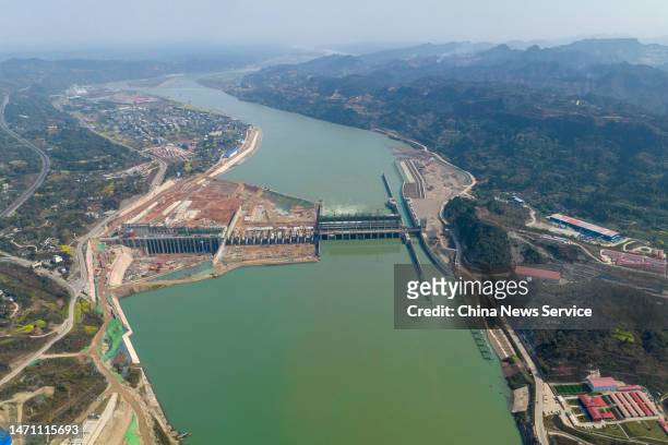 Aerial view of the construction site of the Longxikou Natigation and Hydropower Hub on Minjiang River on March 3, 2023 in Qianwei County, Leshan...