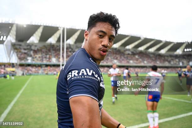 Murray Taulagi of the Cowboys celebrates after scoring a try during the round one NRL match between the North Queensland Cowboys and the Canberra...
