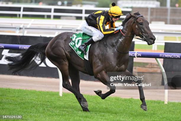 Harry Coffey riding Nonconformist winning Race 8, the Tab Blamey Stakes, during Melbourne Racing at Flemington Racecourse on March 04, 2023 in...