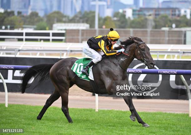 Harry Coffey riding Nonconformist winning Race 8, the Tab Blamey Stakes, during Melbourne Racing at Flemington Racecourse on March 04, 2023 in...