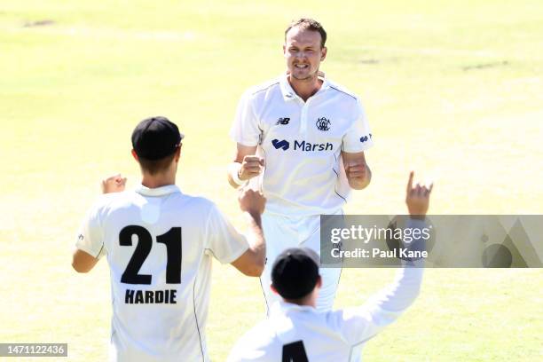 Joel Paris of Western Australia celebrates the wicket of Beau Webster of Tasmania during the Sheffield Shield match between Western Australia and...