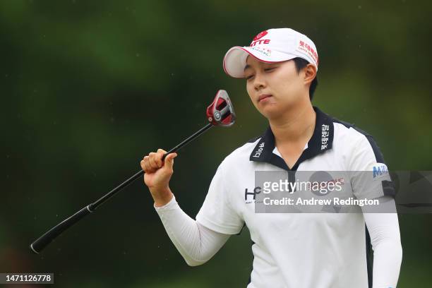 Hyo Joo Kim of South Korea reacts on the eleventh green during Day Three of the HSBC Women's World Championship at Sentosa Golf Club on March 04,...