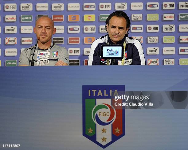 Italy fitness coach Giambattista Venturati and Italy head coach Cesare Prandelli during a press conference at Casa Azzurri on June 25, 2012 in...