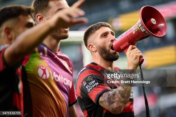 Brandon Joel Gaetano Borrello of the Wanderers celebrates victory during the round 19 A-League Men's match between Western Sydney Wanderers and...
