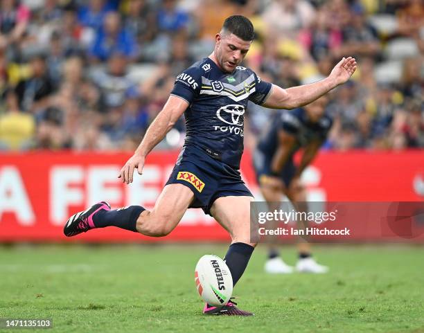 Chad Townsend of the Cowboys kicks the winning field goal during the round one NRL match between the North Queensland Cowboys and the Canberra...