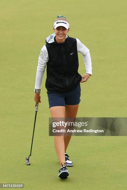 Nelly Korda of The United States celebrates a birdie putt on the eighteenth green during Day Three of the HSBC Women's World Championship at Sentosa...