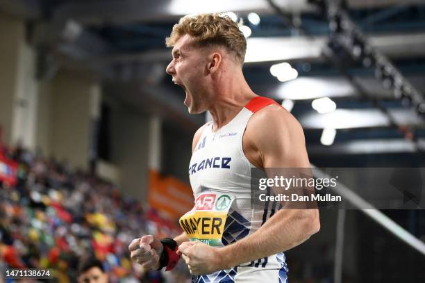 Kevin Mayer of France reacts during the Men's Shot Put Heptathlon during Day 2 of the European Athletics Indoor Championships at the Atakoy Arena on...