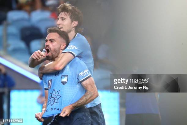 Anthony Caceres of Sydney FC celebrates scoring a goal during the round 19 A-League Men's match between Sydney FC and Melbourne Victory at Allianz...