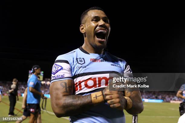 Sione Katoa of the Sharks celebrates scoring a try during the round one NRL match between Cronulla Sharks and South Sydney Rabbitohs at BlueBet...