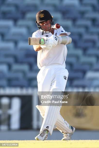 Teague Wyllie of Western Australia bats during the Sheffield Shield match between Western Australia and Tasmania at the WACA, on March 04 in Perth,...