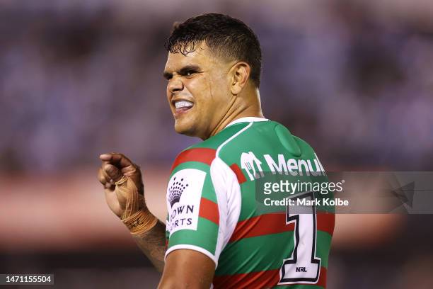 Latrell Mitchell of the Rabbitohs gestures to the crowd during the round one NRL match between Cronulla Sharks and South Sydney Rabbitohs at BlueBet...