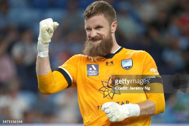 Goalkeeper of Sydney FC Andrew Redmayne reacts at full time after winning the round 19 A-League Men's match between Sydney FC and Melbourne Victory...