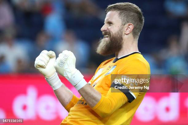 Goalkeeper of Sydney FC Andrew Redmayne reacts at full time after winning the round 19 A-League Men's match between Sydney FC and Melbourne Victory...