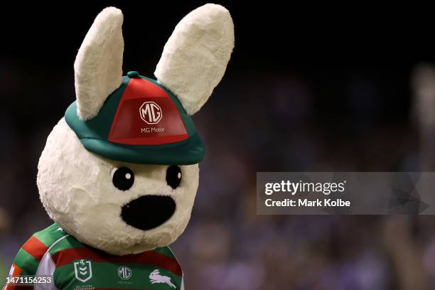 The Rabbitohs mascot watches the game during the round one NRL match between Cronulla Sharks and South Sydney Rabbitohs at BlueBet Stadium on March...