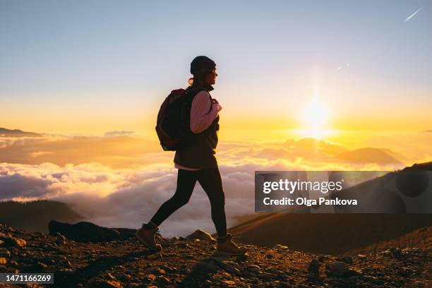 female hiker walks on top of a mountain during sunset - senderismo fotografías e imágenes de stock