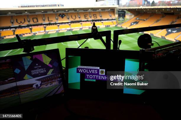 Pundit screen and microphone is seen inside the stadium prior to the Premier League match between Wolverhampton Wanderers and Tottenham Hotspur at...