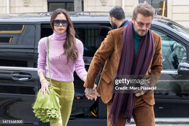 Victoria Beckham and David Beckham are seen on March 04, 2023 in Paris, France.