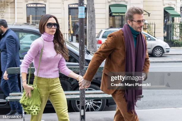 Victoria Beckham and David Beckham are seen on March 04, 2023 in Paris, France.