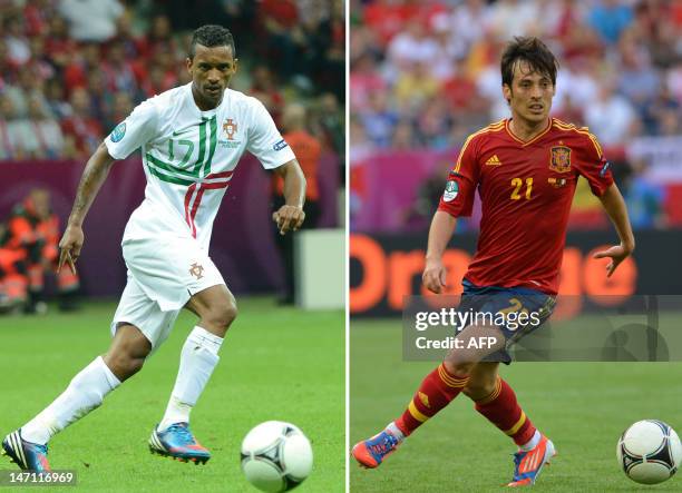 Combination of two pictures shows Spanish midfielder David Silva during the Euro 2012 championships football match Spain vs Italy on June 10, 2012 at...