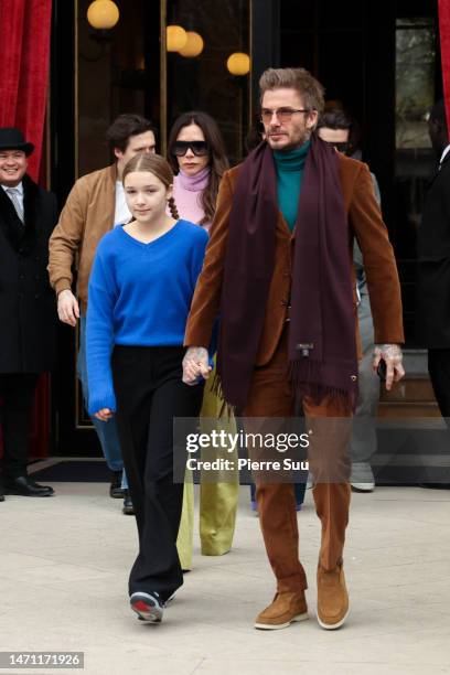 Harper Beckham and David Beckham are seen leaving their hotel on March 04, 2023 in Paris, France.