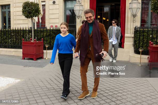 Harper Beckham and David Beckham are seen leaving their hotel on March 04, 2023 in Paris, France.