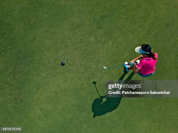 on green golf - woman on swing foto e immagini stock