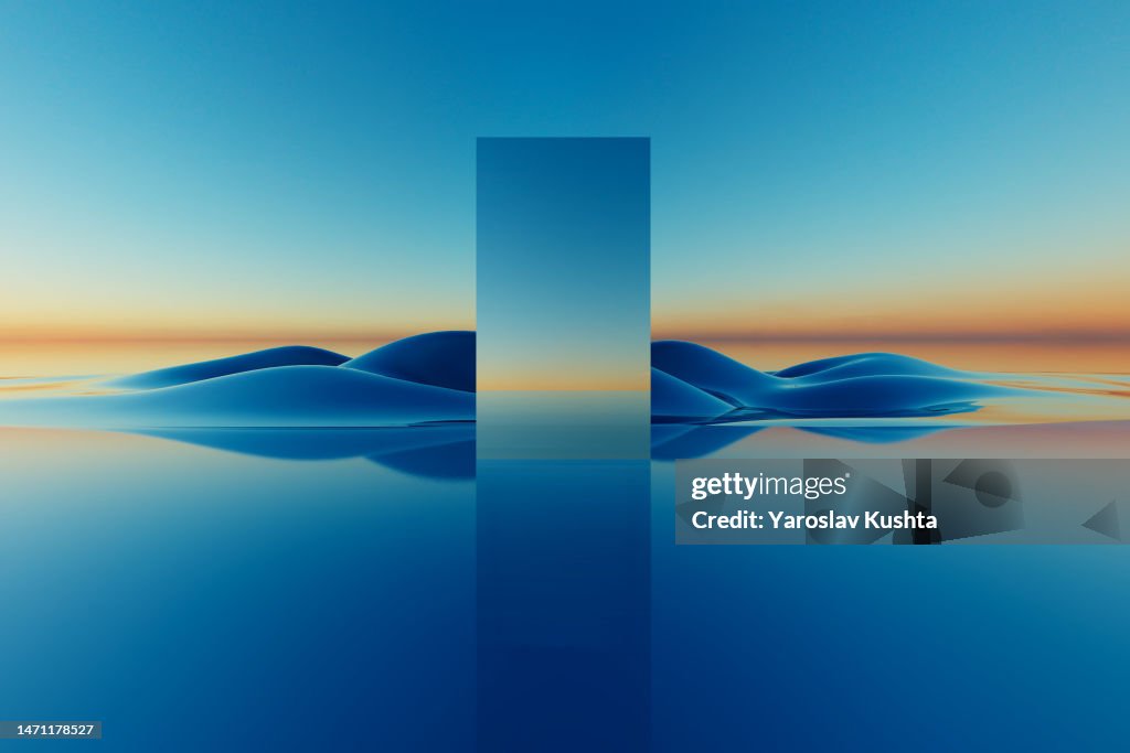 Glass mirror square monolith 5g CGI landscape sunset