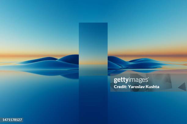 glass mirror square monolith 5g cgi landscape sunset - futurista imagens e fotografias de stock