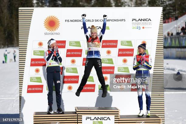 Gold medalist Ebba Andersson of Sweden celebrates as silver medalist Anne Kjersti Kalvaa of Norway and bronze medalist Frida Karlsson of Sweden...